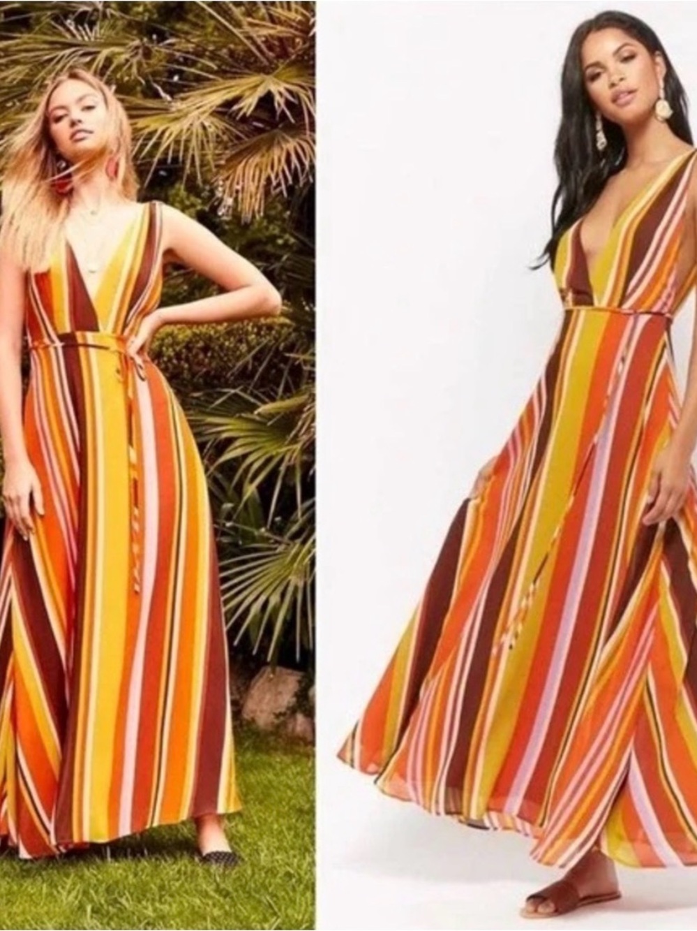 Forever 21 Multicolor Striped V-Neck Maxi Dress in Orange, Yellow, Pink, Brown